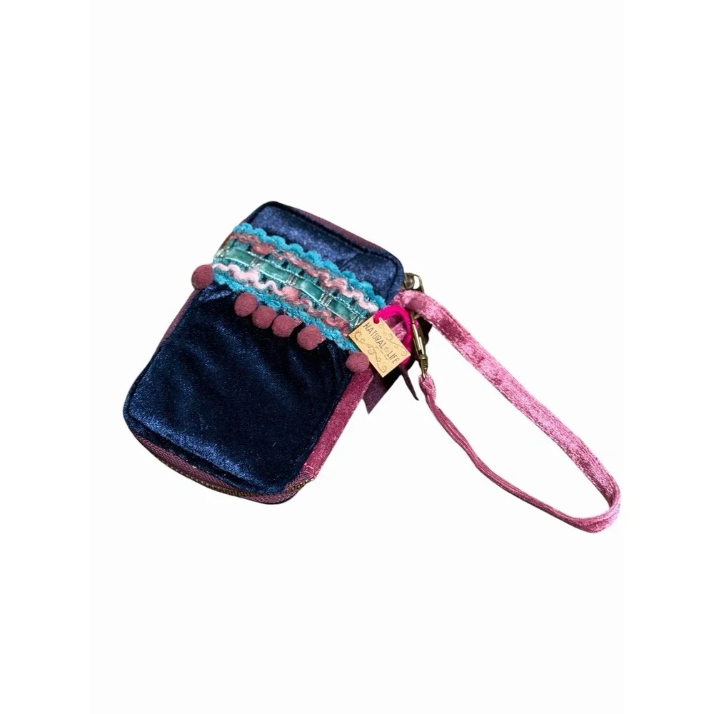 NWT Natural Life Velvet Wristlet Wallet Boho Pom Pom Trim ID Window Eclectic